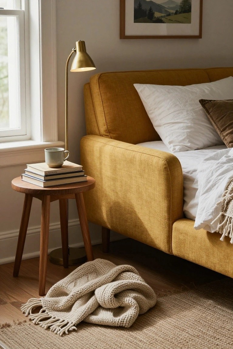Mustard yellow upholstered sofa bed beside a window in a beige room with white bedding, a wooden tripod side table holding stacked books and a green mug, brass arc lamp, and cream knit throw on light wood floor.