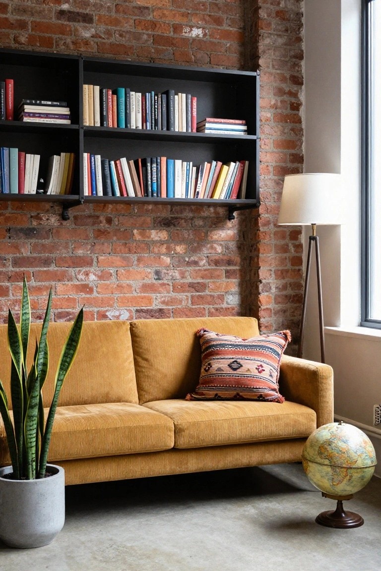 Mustard yellow velvet sofa in front of exposed brick wall with black floating bookshelves above, tall snake plant in gray pot beside it, tripod floor lamp, and globe on stand in a room with large window.
