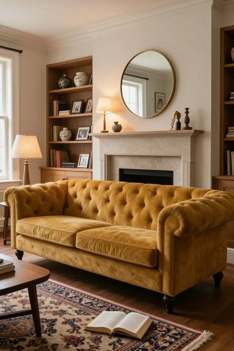 A mustard yellow tufted velvet Chesterfield sofa positioned in front of a stone fireplace in a living room with wooden bookshelves, lamps, a round mirror, and a coffee table on a patterned rug.