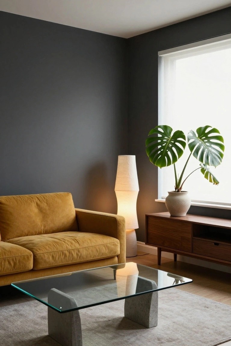 Living room with mustard yellow velvet sofa, dark gray walls, monstera plant in white pot by window, white floor lamp, wooden media console, and glass coffee table with concrete base on beige rug.