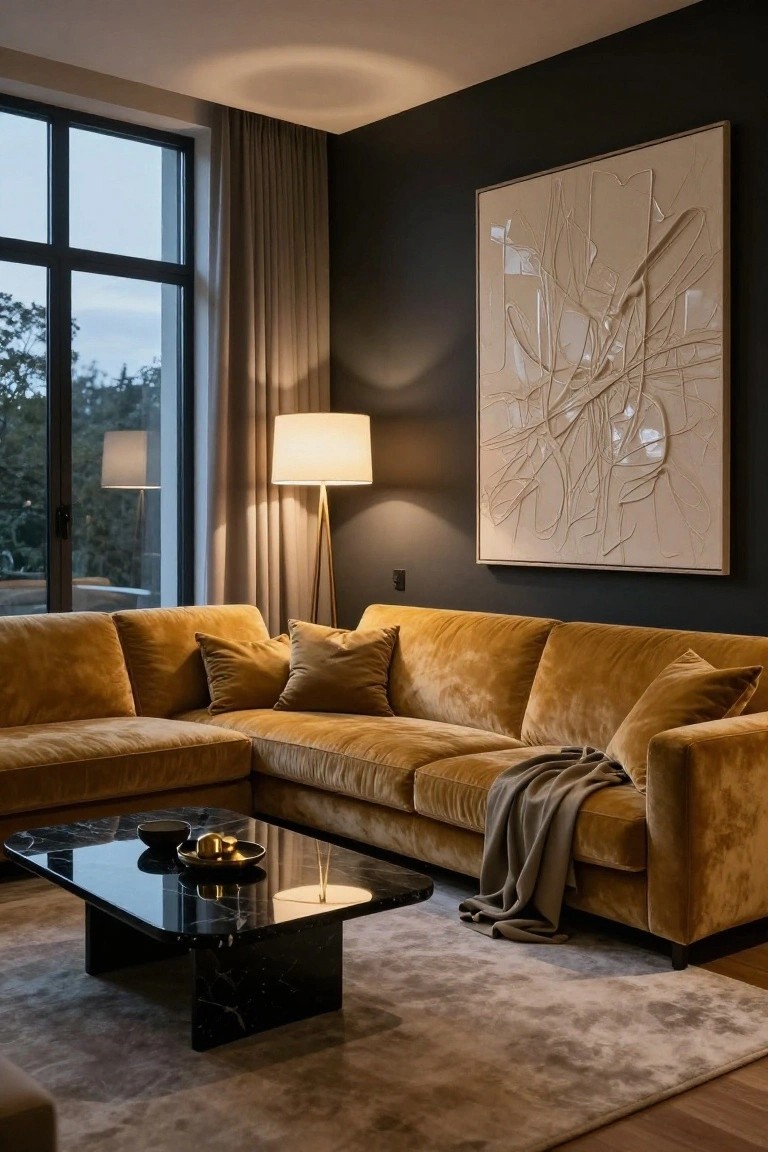 L-shaped mustard yellow velvet sofa in a modern living room with dark walls, black marble coffee table, floor lamps, large abstract white artwork, beige rug, and large windows overlooking trees.