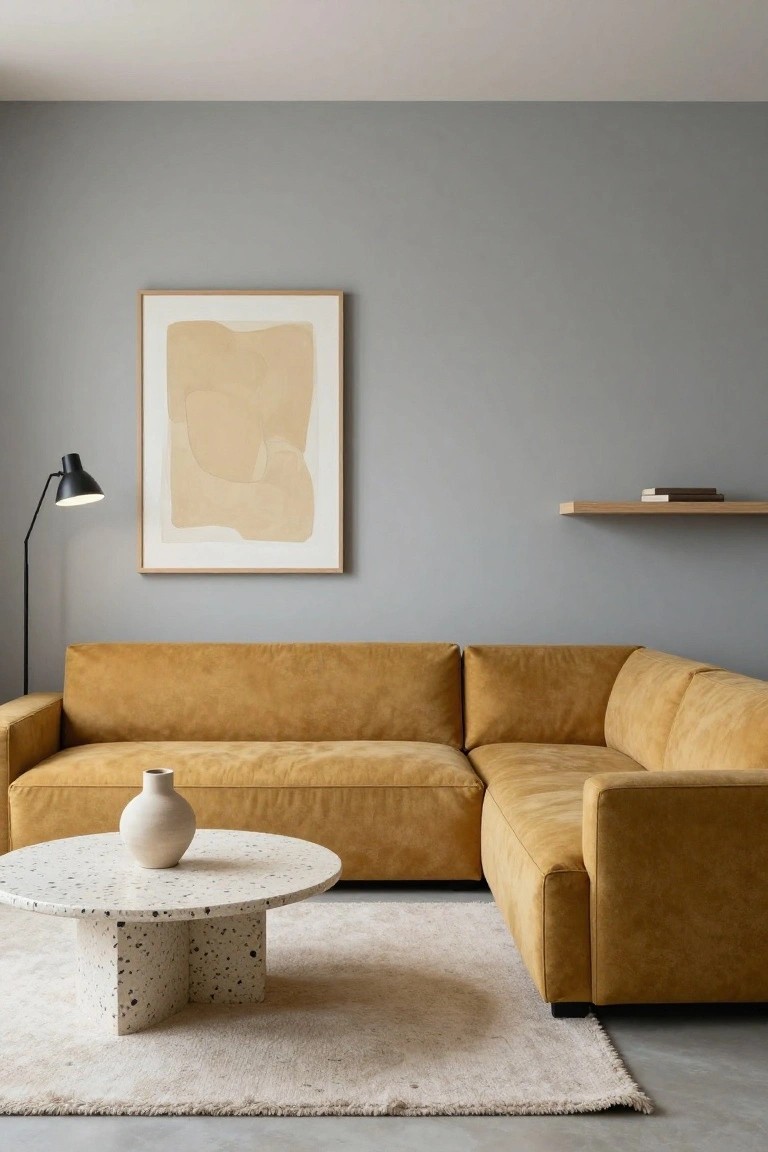 Modern living room with light gray walls, mustard yellow L-shaped velvet sofa, black floor lamp, abstract beige artwork, wooden shelf with books, white ceramic vase on round terrazzo coffee table, and cream rug on concrete floor.