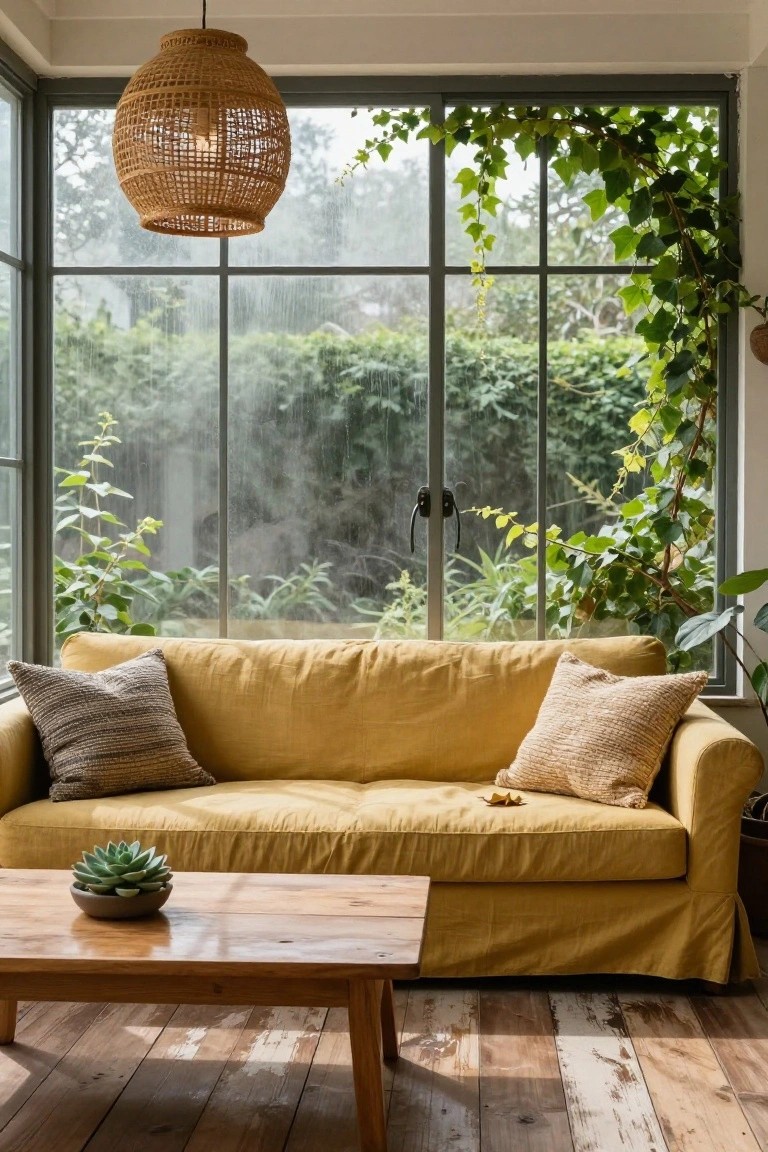 Corner of a light-filled room with mustard yellow slipcovered sofa, wooden coffee table topped with a potted succulent, rattan pendant lamp hanging above, large multi-pane windows draped in ivy, and hardwood plank floors.