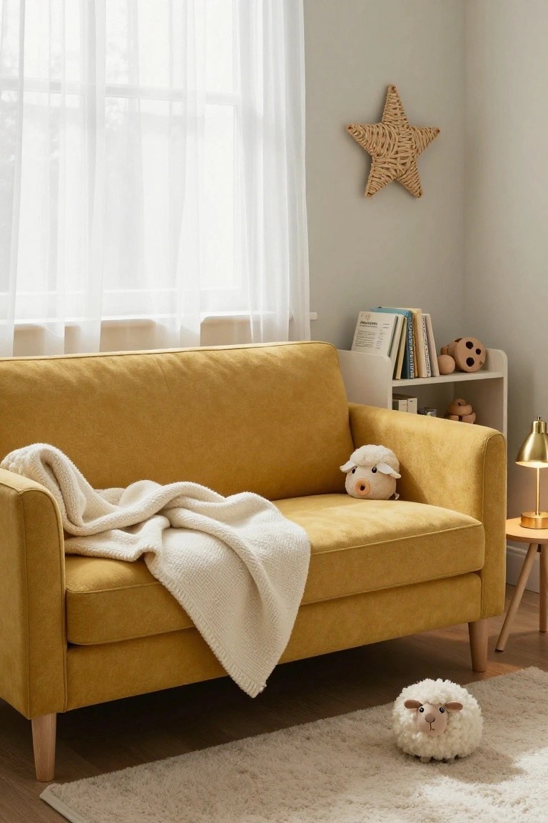 Mustard yellow fabric sofa draped with a white knit blanket and a plush sheep toy in a light nursery room with sheer curtains, bookshelves holding books and wooden toys, a gold lamp on a small table, and a fluffy sheep toy on the floor.