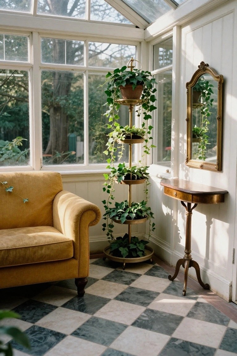 Sunroom with large glass walls and a mustard yellow velvet sofa in the corner, tiered brass plant stand holding ivy plants, ornate gold mirror, small wooden table on legs, and black-and-white checkered tile floor.
