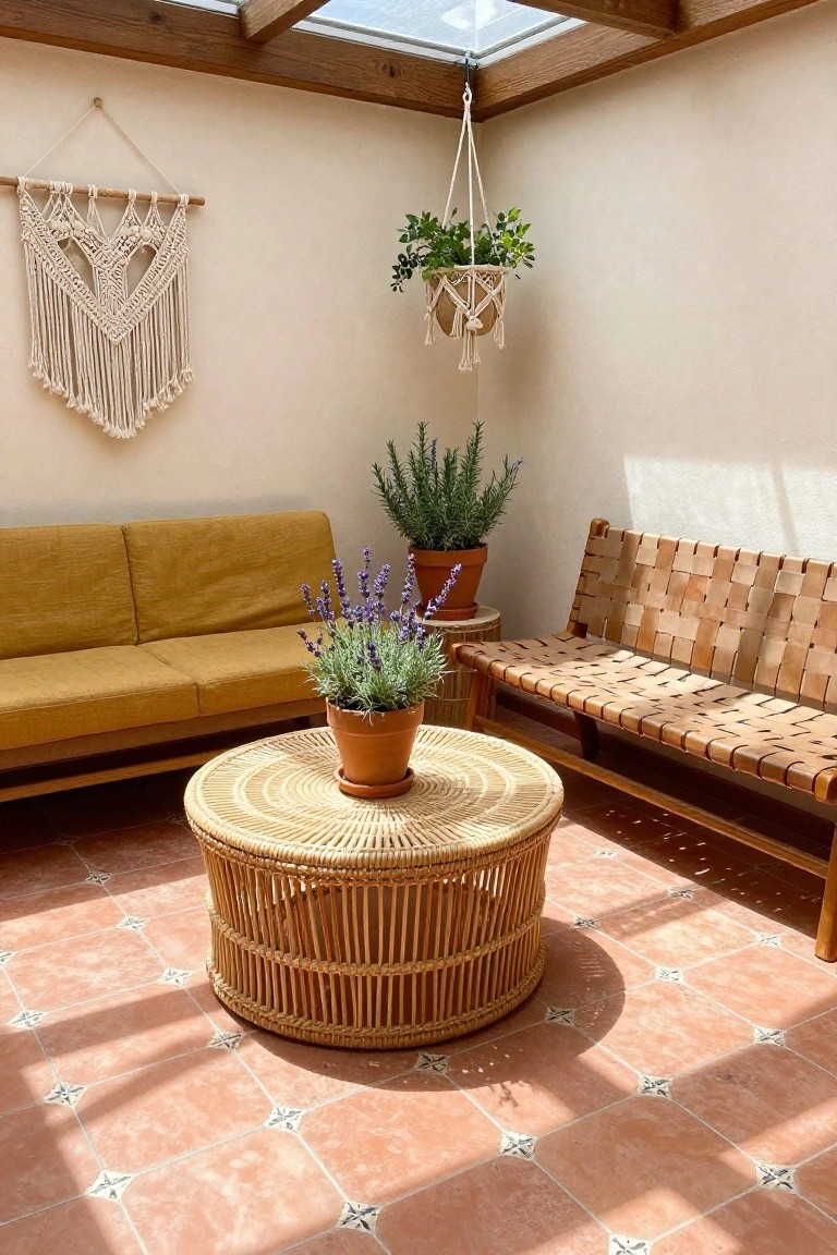 Cozy patio with woven rattan table, mustard sofa, leather bench, and hanging plants.