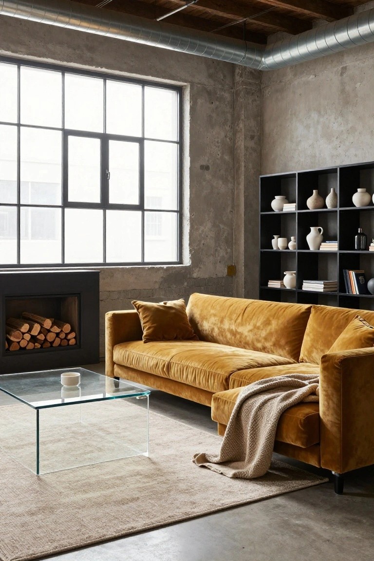 Industrial loft living room with mustard yellow velvet sofa in front of black fireplace, glass coffee table, black shelving with ceramics and books, large metal-framed windows, and beige rug on concrete floor.