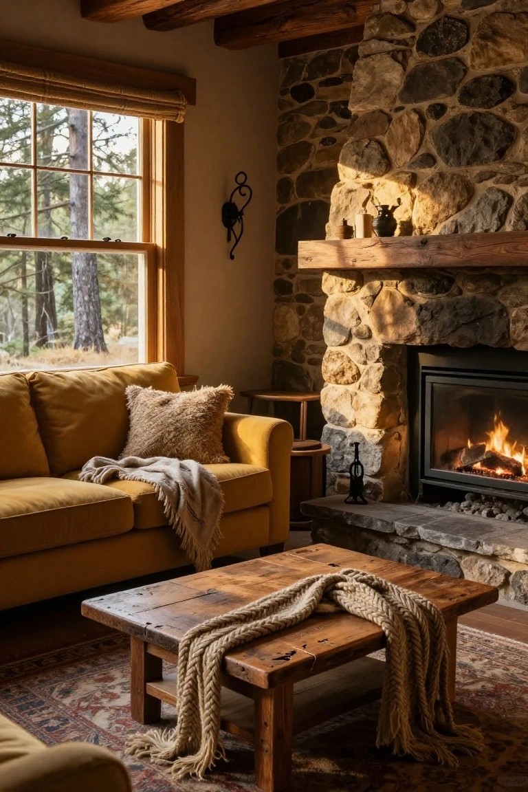 Cozy living room interior with mustard yellow fabric sofa facing a stone fireplace, wooden coffee table draped with knit throw, wooden beams on ceiling, and large window showing pine forest outside.
