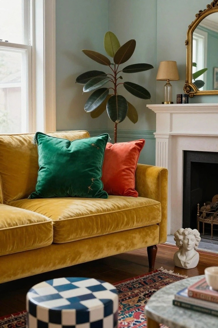 Mustard yellow velvet sofa with emerald green, orange, and yellow pillows in a sage green living room corner next to a white fireplace, gold-framed mirror, potted plant, and checkered stool on a patterned rug.
