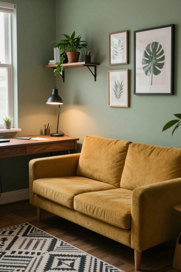 Corner of a sage green room with mustard yellow velvet two-seater sofa, wooden desk and lamp, plant shelves, and framed leaf prints on walls.