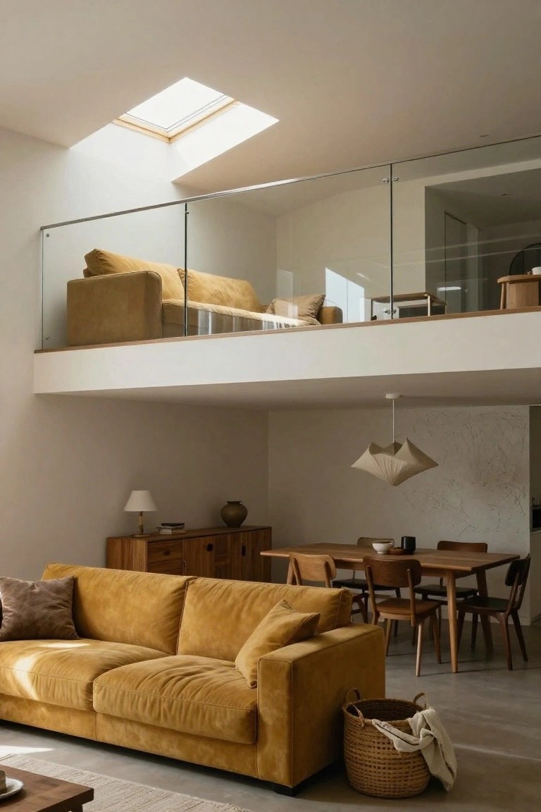 Modern double-height living and dining room with mustard yellow upholstered sofa on the lower level, wooden dining table and chairs, glass-railed mezzanine above with yellow sofa, skylight, and neutral walls.