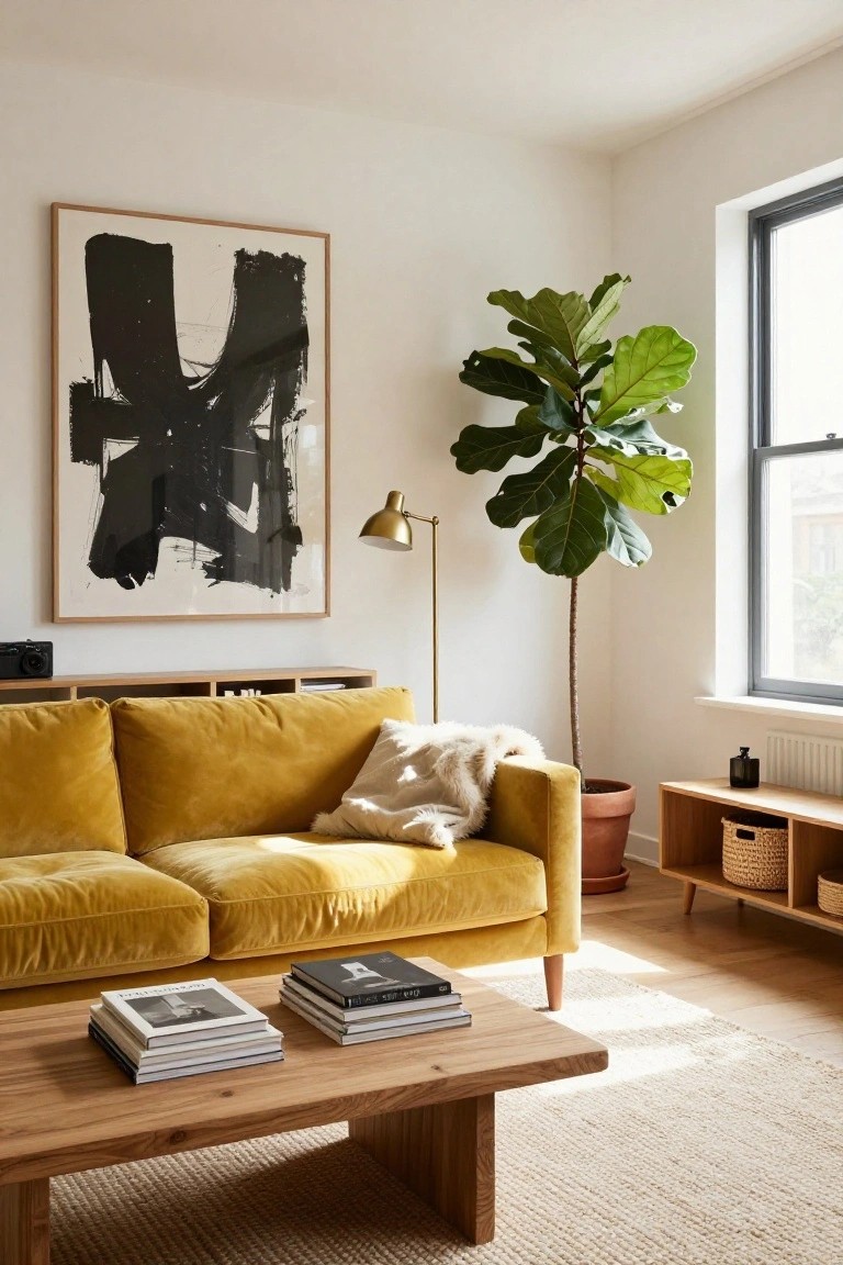 Bright living room corner with mustard yellow velvet sofa, wooden coffee table, large potted fiddle leaf fig next to window, abstract black painting on wall, brass floor lamp, and light wood floor.