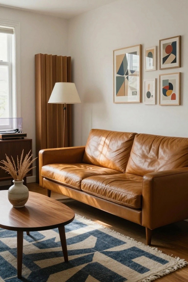 Bright living room corner with tan leather two-seater sofa, oval wooden coffee table holding a ceramic vase, blue and white patterned rug, wooden record player stand with pampas grass in vase, slatted wood divider, floor lamp, and assorted abstract geometric prints in wood frames on white walls.