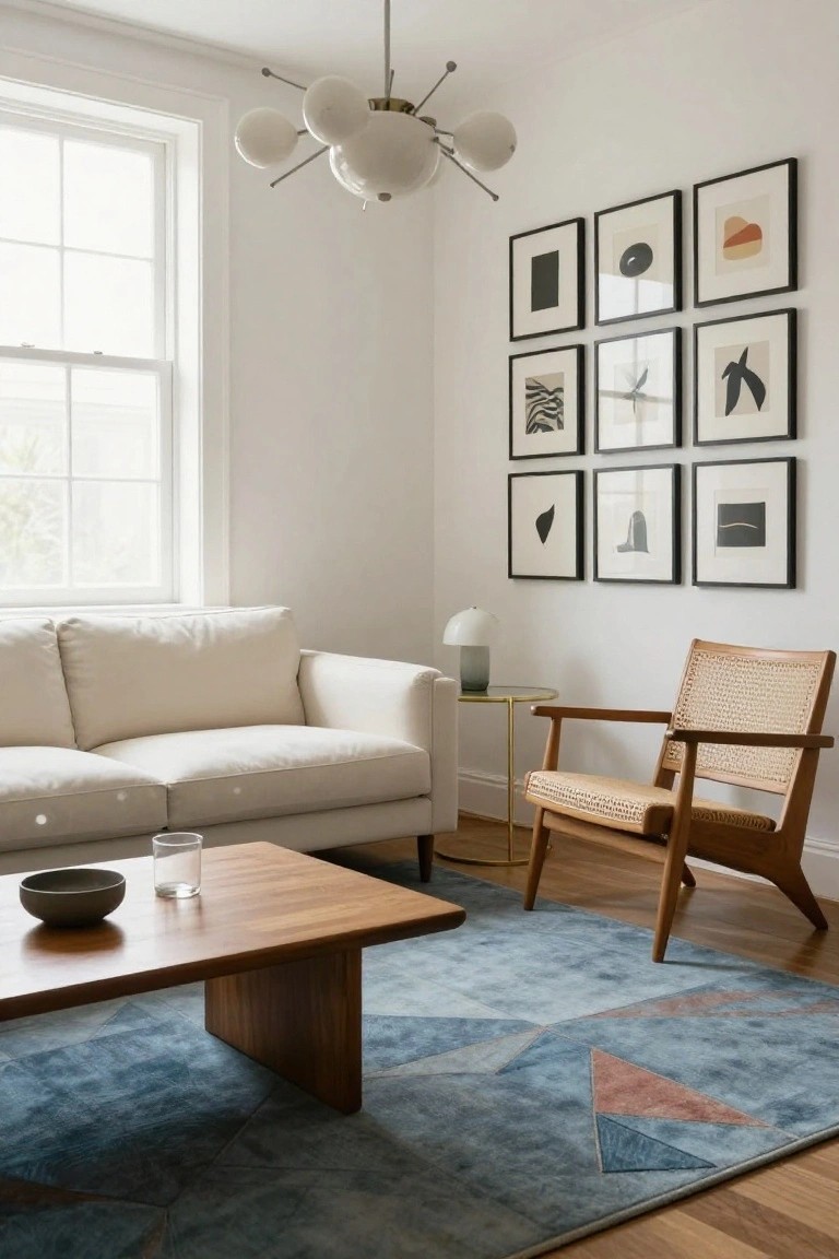 Living room with off-white sofa, rattan armchair, wood coffee table, glass of water and bowl on table, blue geometric rug, abstract black-framed art on white wall, globe lamp on gold side table, and large window with natural light.