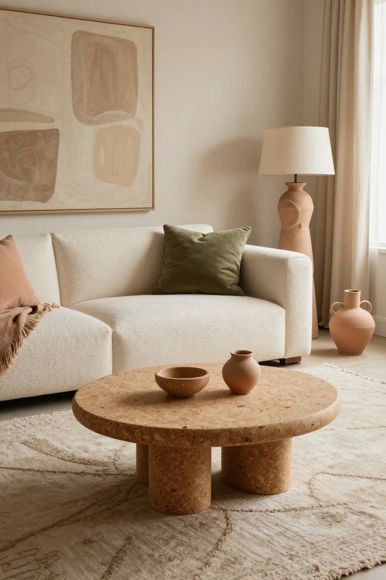Off-white bouclé sofa on a neutral rug in a beige living room with a large round cork coffee table, terracotta vases and pots, green and pink pillows, a tall terracotta lamp, and abstract beige wall art.
