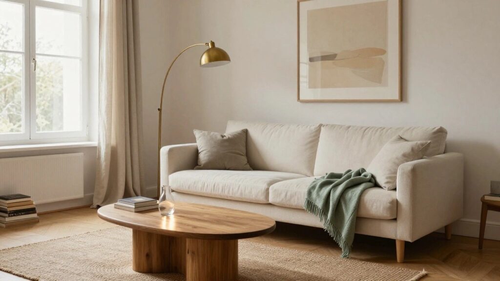 22 Off White Sofa Living Room Ideas With Soft Color Pairings Living room with off-white sofa topped by sage green pillows and throw blanket, oval wooden coffee table with thick legs, wooden side table holding books and glass vase, brass arc floor lamp, and large window with sheer curtains.