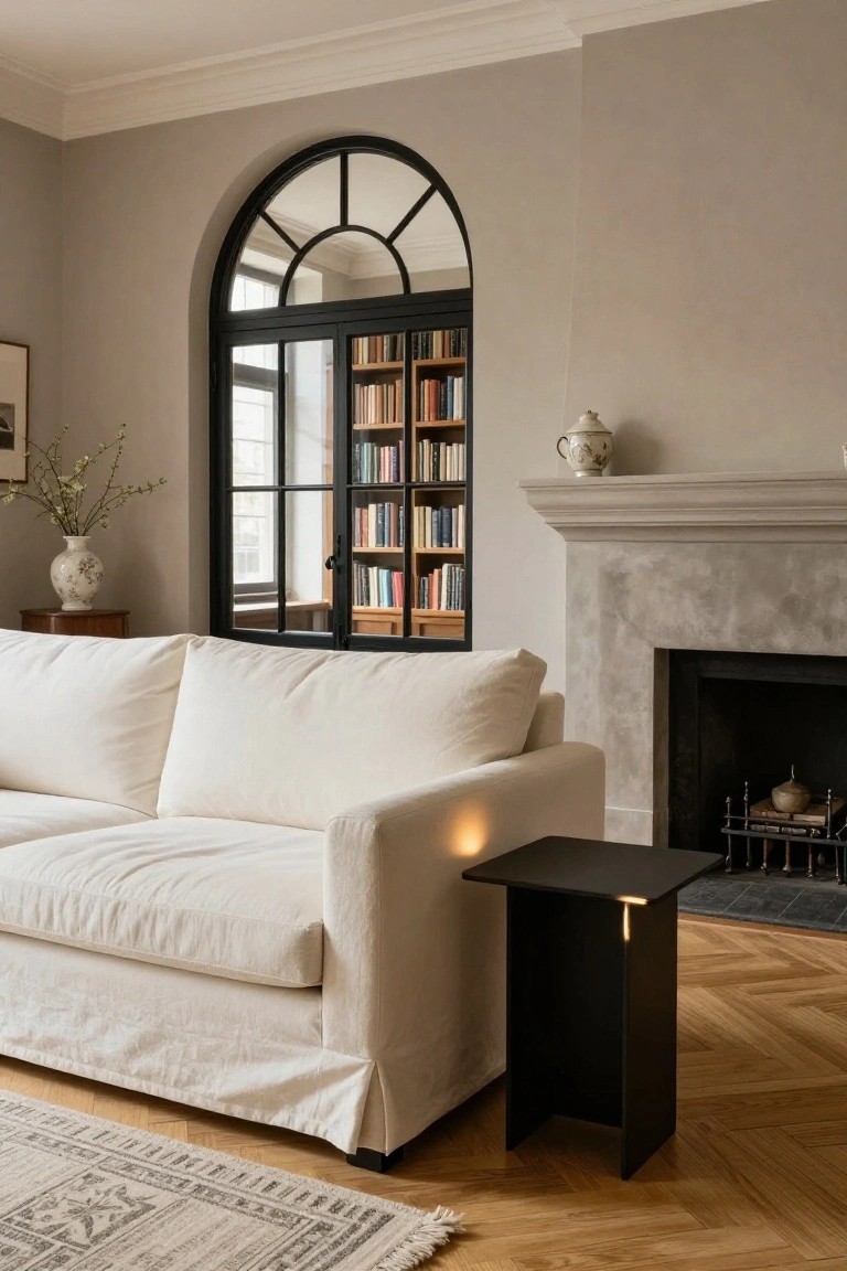 Living room with off-white slipcovered sofa beside a limestone fireplace, greige walls, black metal arched window and doors to bookshelves, white ceramic vases, and parquet wood floor with patterned rug.