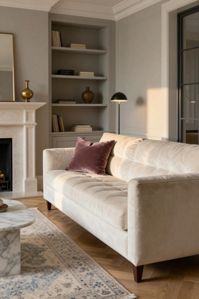 Living room with off-white tufted sofa and mauve pillows facing a white marble fireplace, greige walls and built-in bookshelves, brass lamp, marble coffee table, patterned rug, and herringbone oak floors.