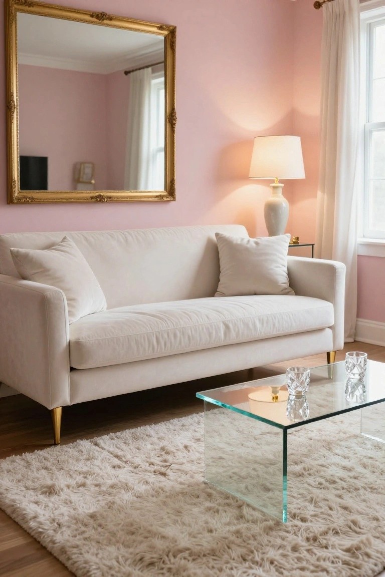 Living room featuring pale pink walls, off-white sofa with pink pillows, glass coffee table with two tumblers, white lamp on gold base, and large gold-framed mirror next to a window.