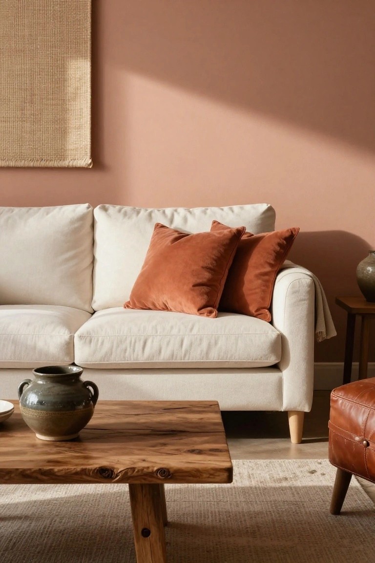Off-white fabric sofa with two burnt orange velvet pillows and a cream throw, wooden coffee table holding green ceramic vase and dish, terracotta walls with seagrass hanging, leather ottoman, beige rug in warmly lit living room.