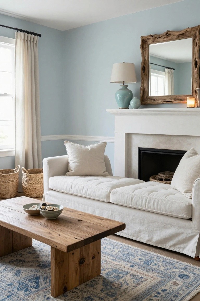 Cozy living room with white sofa, rustic coffee table, and blue fireplace mantel.