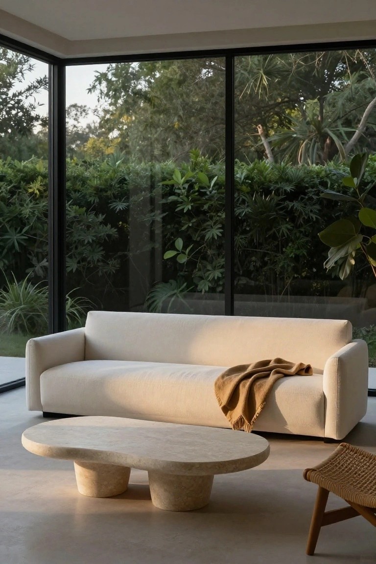 Modern living room with large off-white corner sofa draped with tan throw blanket, organic-shaped travertine coffee table, woven chair, polished concrete floor, and floor-to-ceiling windows revealing lush green garden.