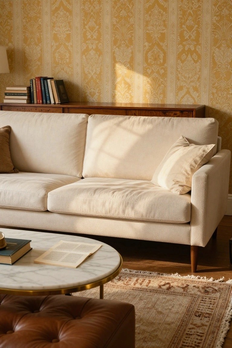 Living room with light beige linen sofa, wooden credenza holding stacked books, round white marble coffee table with open book and hardcover, tufted brown leather ottoman, ornate yellow-gold damask wallpaper, fringed beige rug, and lamp on side table.