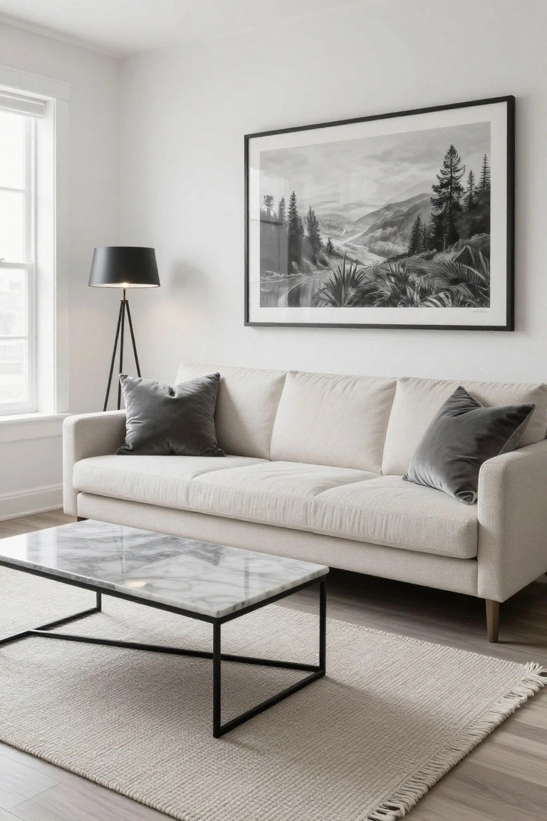 Modern living room with beige sofa, marble coffee table, and black-and-white landscape art.