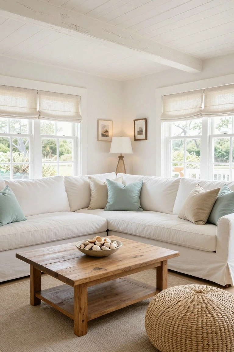 Corner of a bright white living room with L-shaped off-white sofa topped with mint green, beige, and cream pillows, wooden coffee table holding a bowl of seashells, rattan pouf, beige rug, floor lamp, framed art, and large windows with linen shades overlooking greenery.