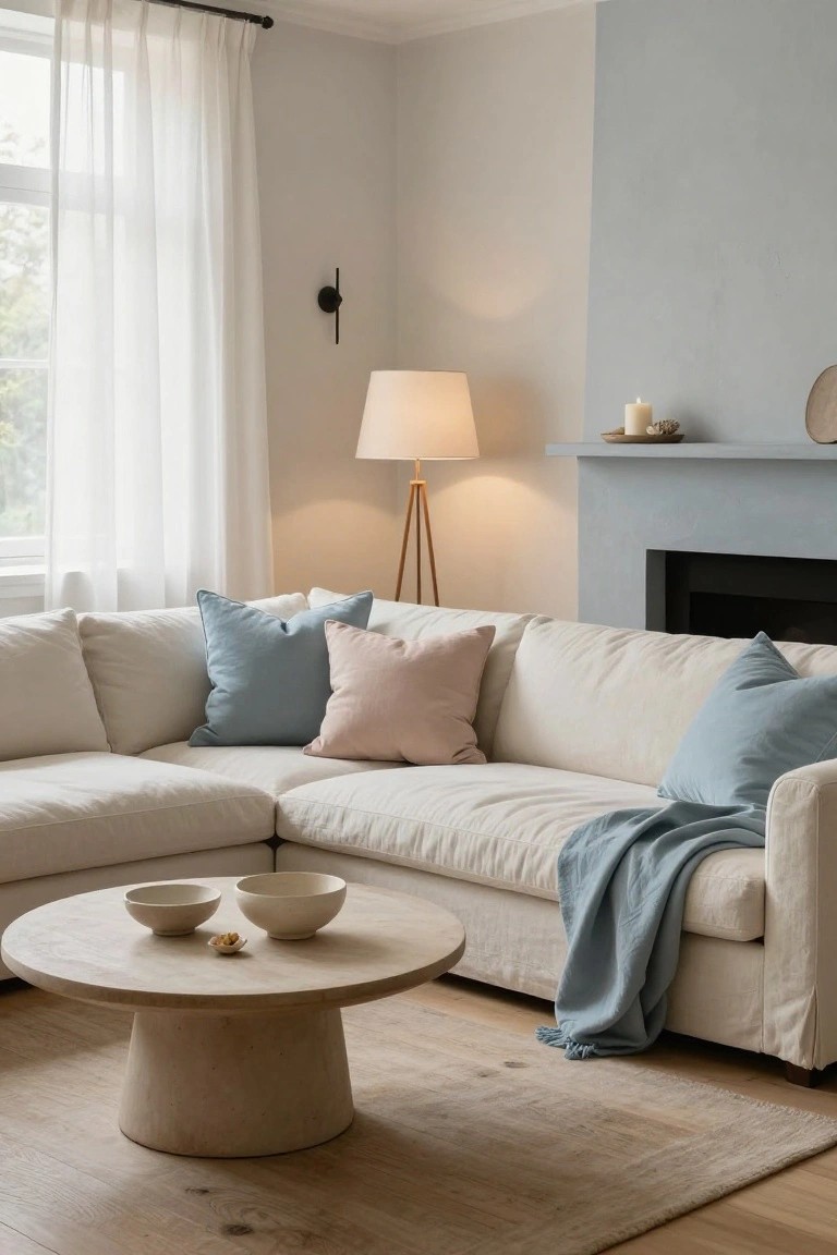 Off-white L-shaped sofa with blue and pink throw pillows and a draped blue blanket, low round beige coffee table with white ceramic bowls, tripod floor lamp, sheer white curtains on window, and blue fireplace in a light wood-floor living room.