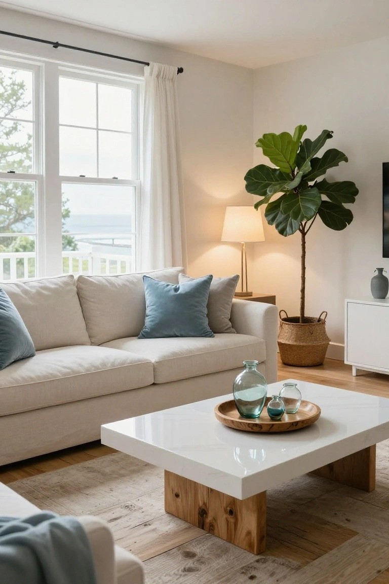 Living room with cream sofa and blue pillows, white coffee table with glass vases on wooden tray, tall fiddle leaf fig plant in basket, floor lamp, side table, and large windows overlooking water and deck.