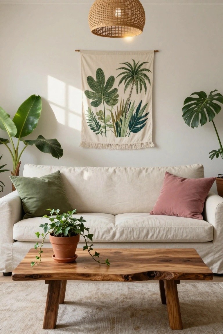 Living room with off-white linen sofa, green and pink pillows, live-edge wooden coffee table holding ivy plant in terracotta pot, large potted banana plant and monstera, tropical leaf tapestry on wall, rattan pendant light overhead, beige rug on floor.