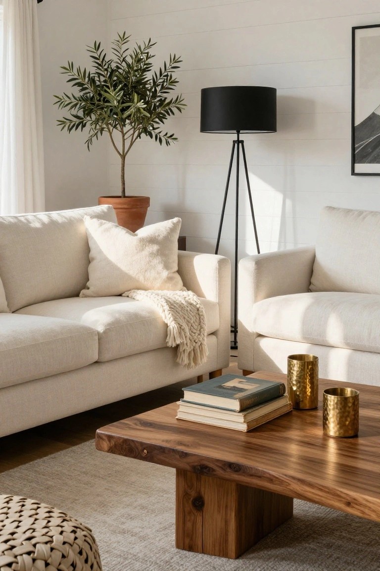 Living room with two off-white fabric sofas around a low rectangular walnut coffee table holding stacked books and gold cups, olive tree in terracotta pot, black tripod floor lamp, white shiplap wall, cream knit throw, and beige ottoman on light rug.
