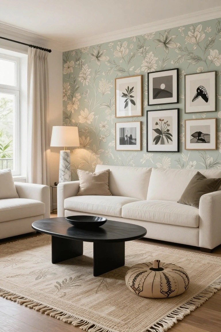 Living room with off-white sofas, black coffee table, sage green floral wallpaper, marble floor lamp, framed artwork, and beige rug on hardwood floor.