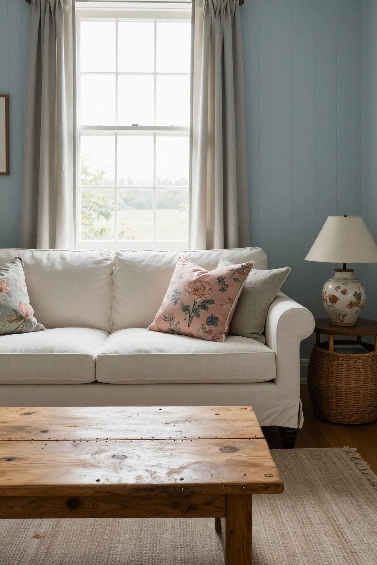 Living room with off-white sofa, patterned pillows, wooden coffee table, side table with lamp and vase, wicker basket, pale blue paneled walls, large window with sheer curtains, and beige rug.