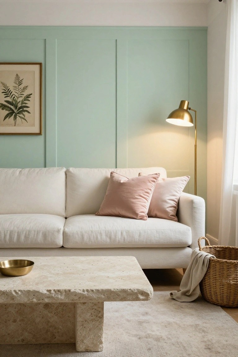 Living room with off-white linen sofa against pale sage green vertical wall paneling, blush pink pillows on sofa, gold floor lamp, travertine coffee table holding brass bowl, wicker basket with throw, and neutral rug.