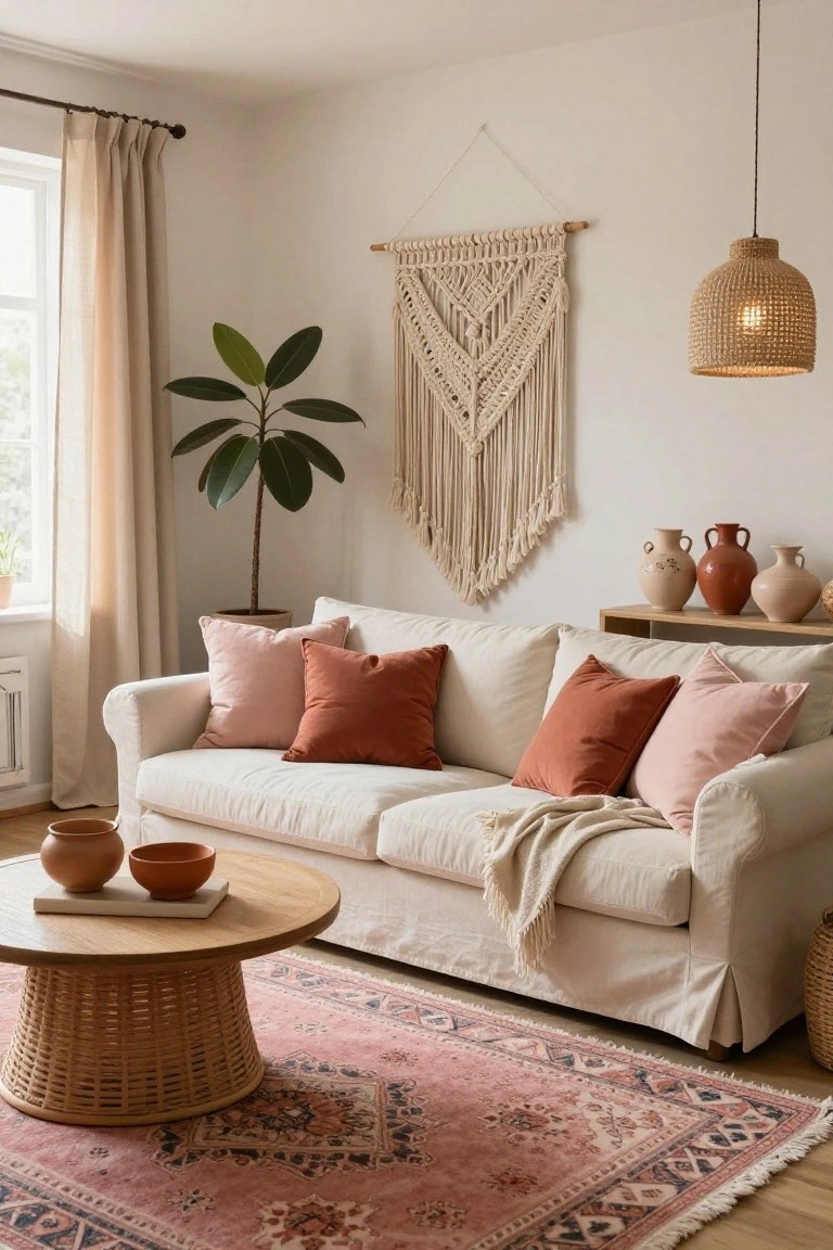 Off-white slipcovered sofa with pink and terracotta pillows in a light living room with beige curtains, potted plant, macrame wall hanging, rattan pendant light, wood sideboard with terracotta pots, and pink patterned rug under a rattan coffee table.