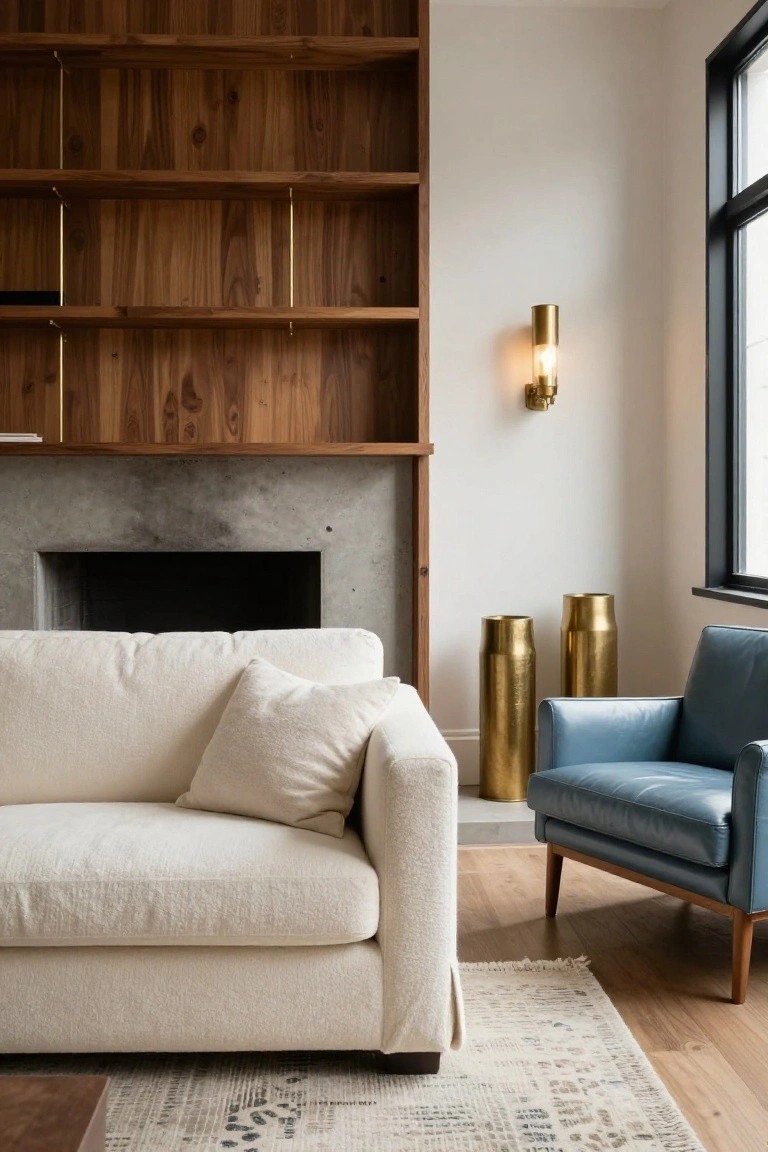 Living room with off-white fabric sofa on beige rug, tall open walnut wood shelving and wall, concrete fireplace, two tall brass cylinder vases, blue leather armchair, brass wall sconce, and hardwood floors next to black-framed window.