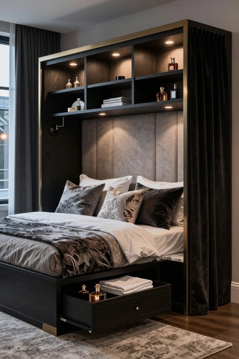 Luxurious dark wood bed with open drawer, shelves, and velvet pillows.