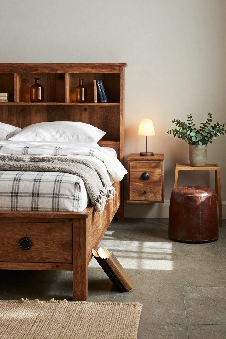 Wooden platform bed with open cubby shelves in the headboard holding glass bottles and books, white pillows and plaid sheets with gray throw, floating wooden nightstand with lamp and eucalyptus plant, leather stool, and jute rug in a light room with concrete floor.