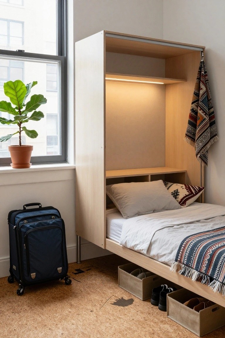 Light wood cabinet unit with pull-out double bed, white sheets and pillows, hanging clothes and shelves inside, shoe storage boxes underneath the bed, navy rolling suitcase nearby, potted green plant by window, cork flooring in a white-walled room.
