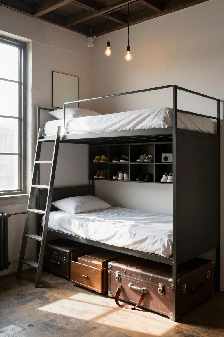 Black metal bunk bed frame with ladder and built-in open shelves holding pairs of shoes on one side, white bedding on upper and lower beds, vintage suitcases stored under the lower bed, in a room with white walls, wooden floor, and large window.