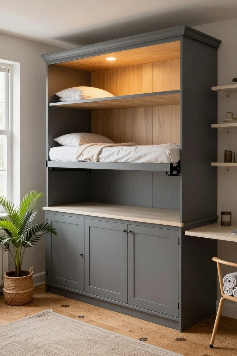 Tall gray-painted cabinet unit with light wood shelves, a fold-down bed in the middle shelf displaying white sheets and pillows, lower cabinets with doors, and an attached light wood desk surface, next to a potted palm plant and wooden chair in a room with light walls and cork floor.