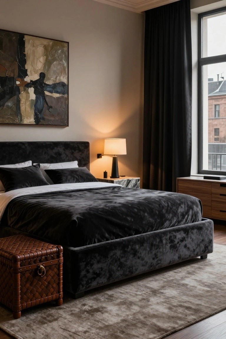 Modern bedroom interior featuring a black velvet upholstered platform bed with white and black pillows, a bedside table with lamp and marble accents, brown woven lidded bench at bed foot, large abstract painting on wall, black curtains over window, and wooden dresser.