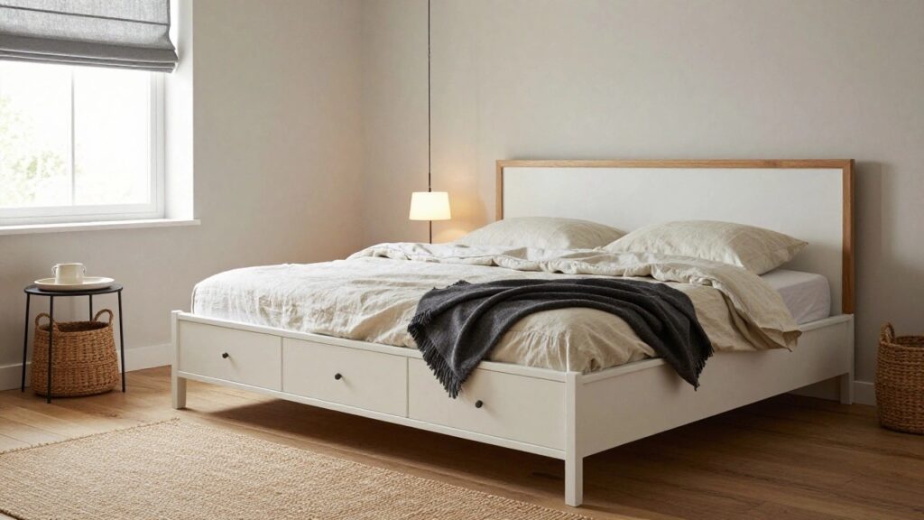 22 Practical Adult Storage Bed Ideas for Everyday Living A bedroom with a low wooden headboard platform bed on white base with side storage drawers, rumpled white linens, gray throw, pendant light over windows with shades, seagrass rug, and wicker basket nearby.