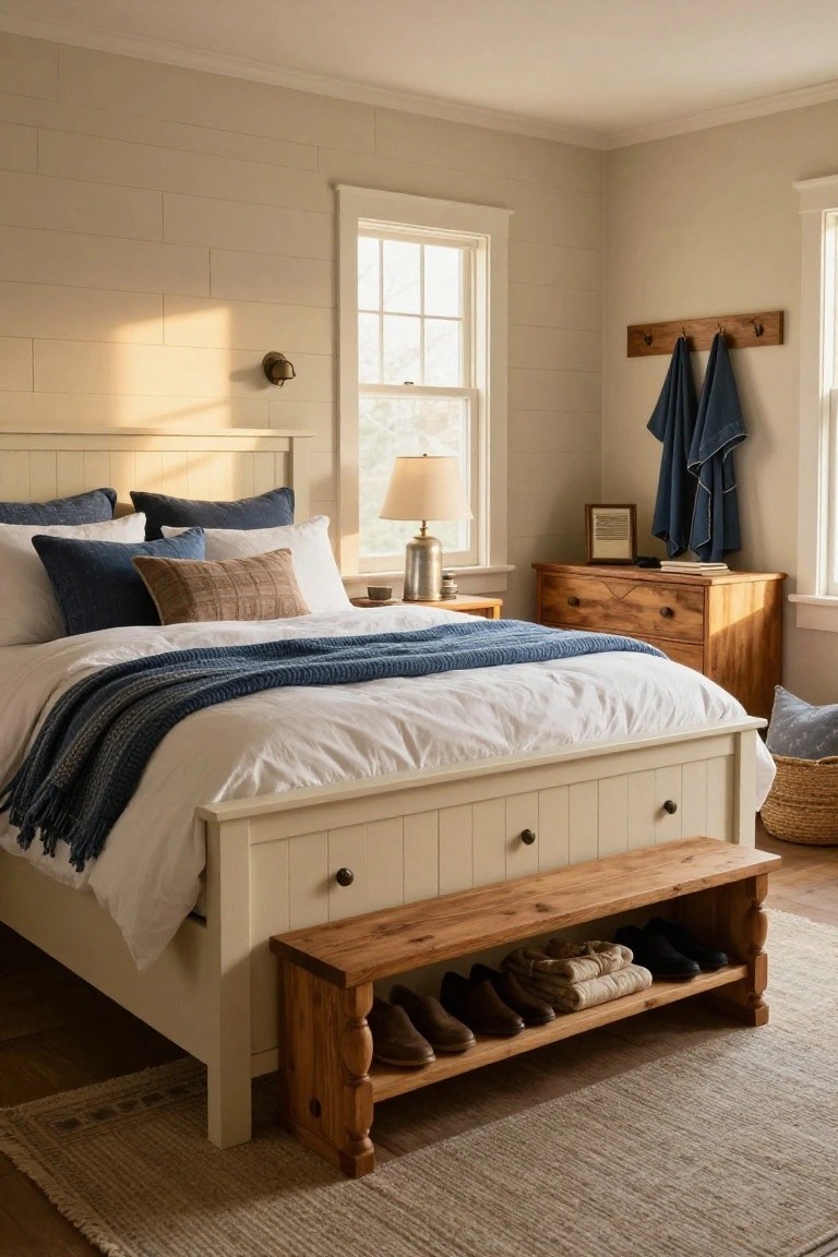 Bedroom interior with white paneled bed draped in white sheets and blue knit throw, pillows in blue and neutral tones, wooden bench at foot holding shoes and folded clothes, dresser beside window, and beige shiplap walls.