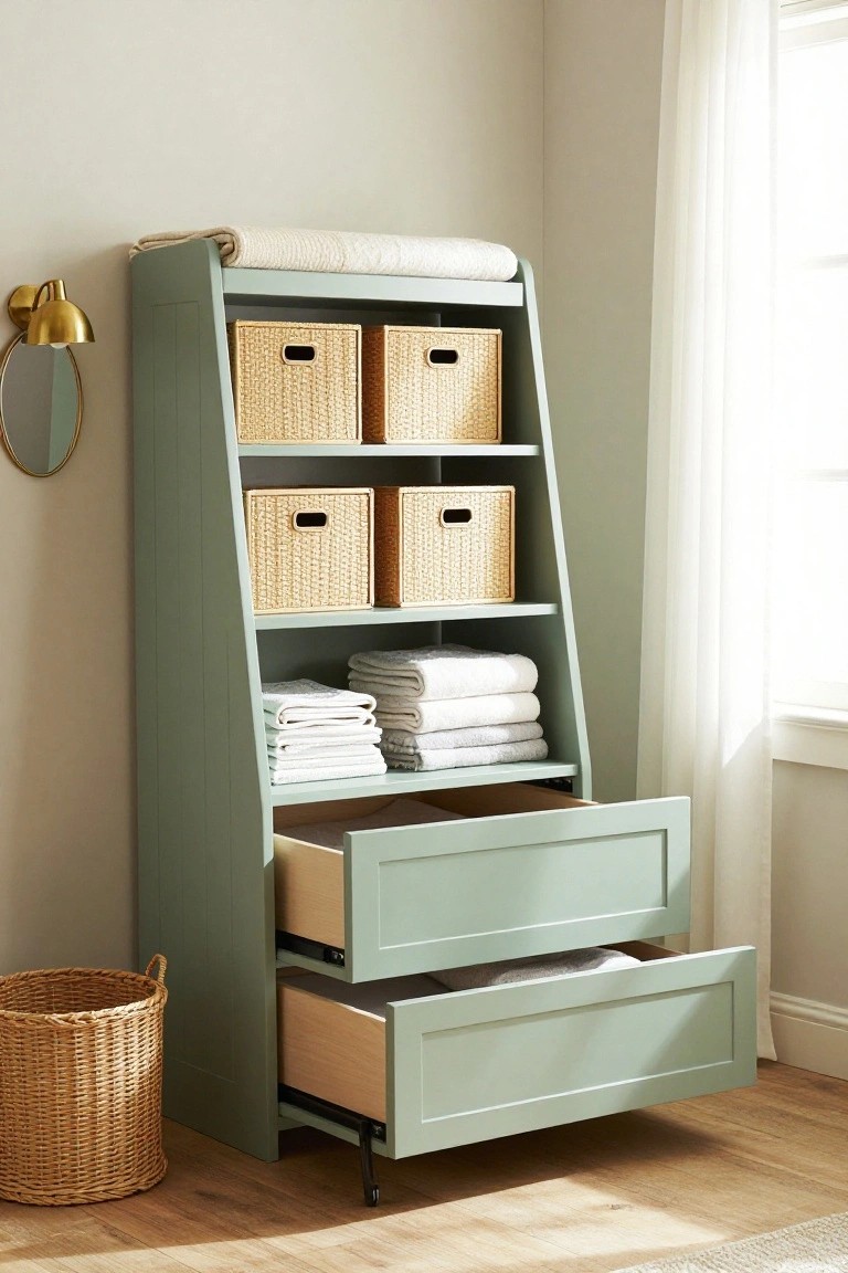 Tall sage green leaning shelving unit with woven baskets on angled shelves containing folded towels and linens, two open drawers at the base, a wicker basket on the floor beside it, in a light-colored room with sheer curtains and a wall sconce.
