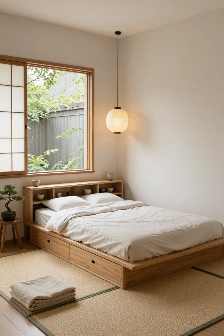 A minimalist bedroom with a low oak platform bed featuring underbed drawers, a shelved wooden headboard, white bedding, tatami flooring, bonsai plant, and shoji window with garden view.