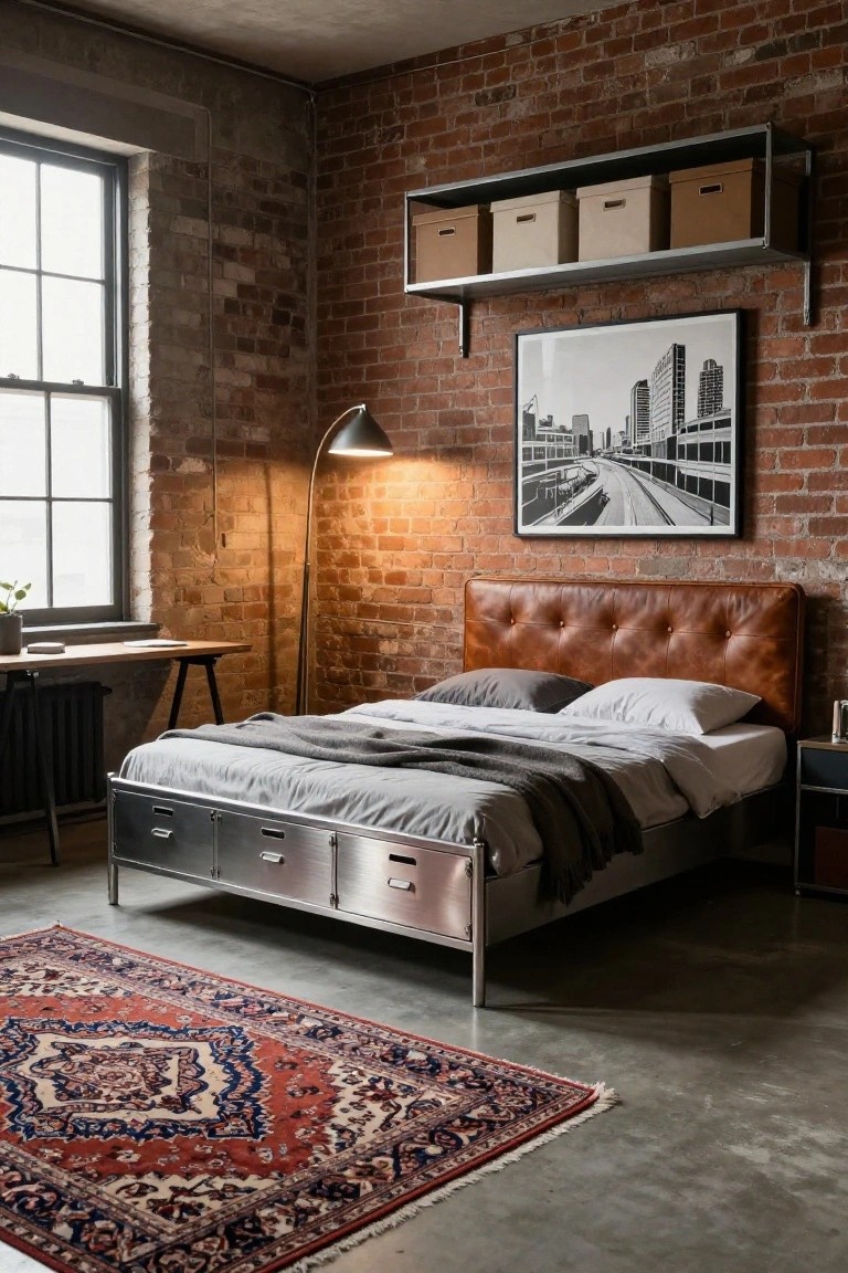 A loft bedroom with exposed brick walls, stainless steel bed frame with four underbed drawers, tufted brown leather headboard, gray bedding, arc lamp, wooden desk, metal shelves with boxes, and red Persian rug on concrete floor.
