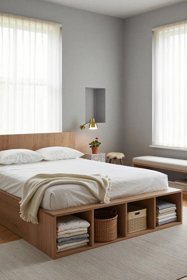 A corner bedroom with a low wooden platform bed featuring open cubby storage compartments containing stacked linens, baskets, and books, white bedding with a throw, sheer window curtains, gray walls, and minimal side furniture.